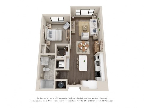 a 3d floor plan of a 1 bedroom with 1 bath
